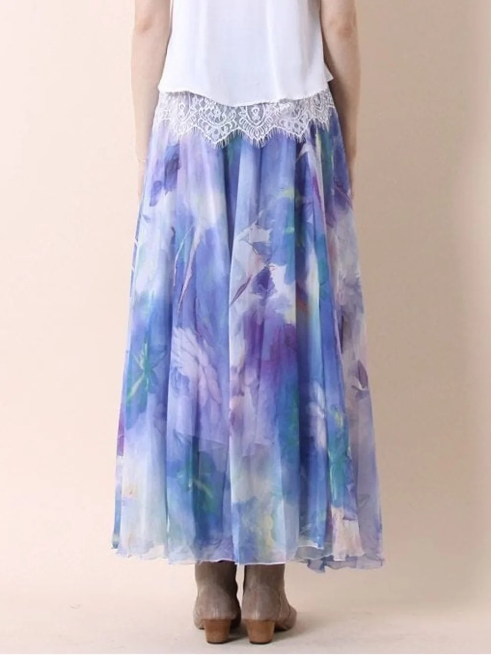 ChicWish Dancing Watercolor Chiffon Flowy Boho Floral Maxi Skirt In Violet XS/S